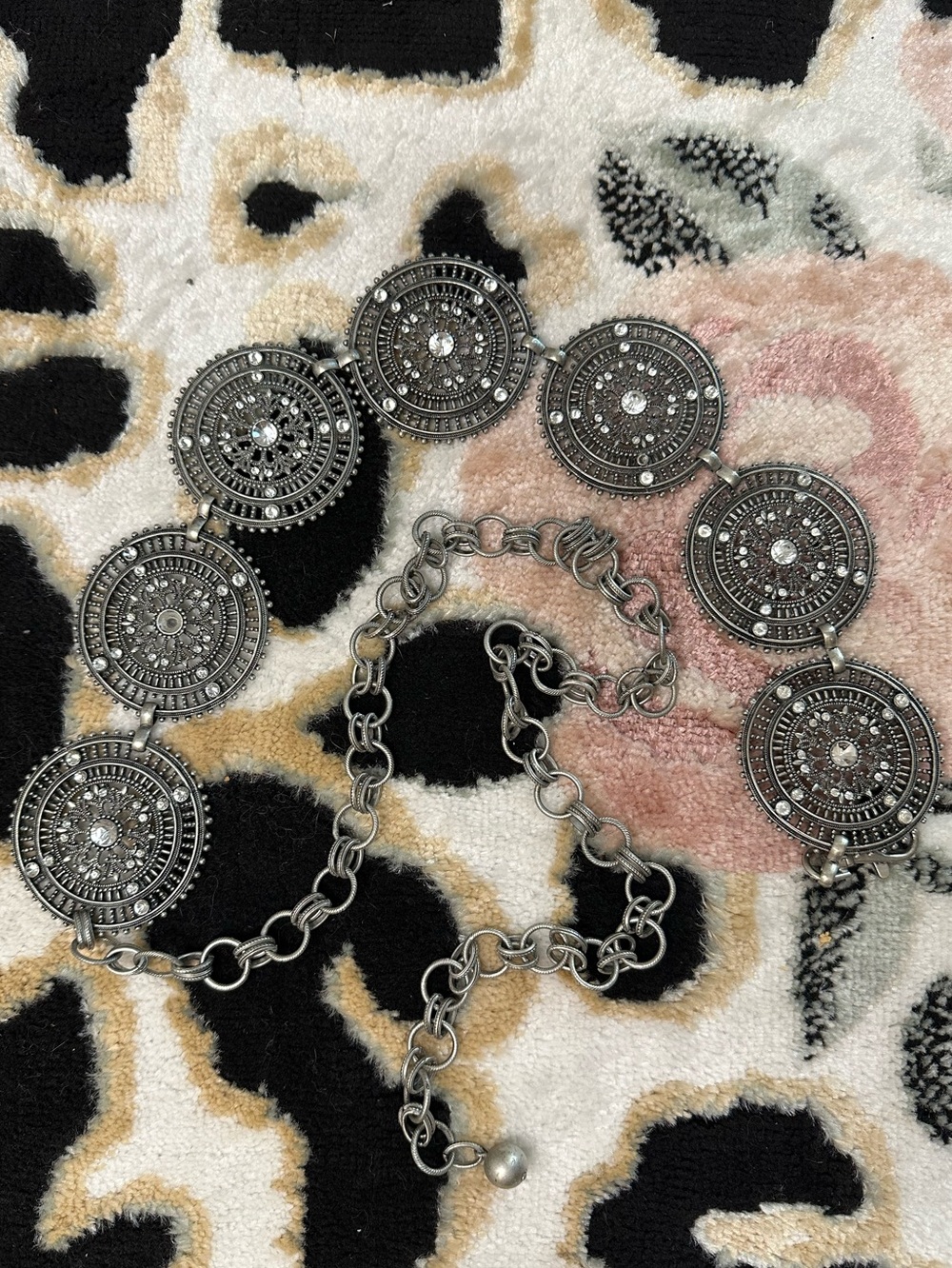 Chico’s Silver Tone Medallion Chain Belt Rhinestone Boho Western Statement